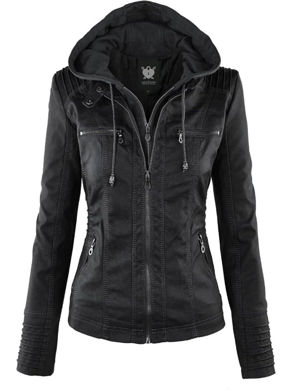 Stylish Women's Faux Leather Moto Biker Jacket with Removable Hood - Trendy